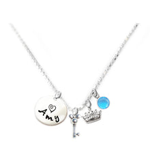 Load image into Gallery viewer, Personalized MOUSE EARS AND CROWN Charm Necklace with Sterling Silver Name
