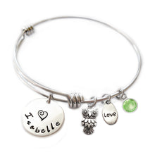 Load image into Gallery viewer, Personalized OWL Bangle Bracelet with Sterling Silver Name

