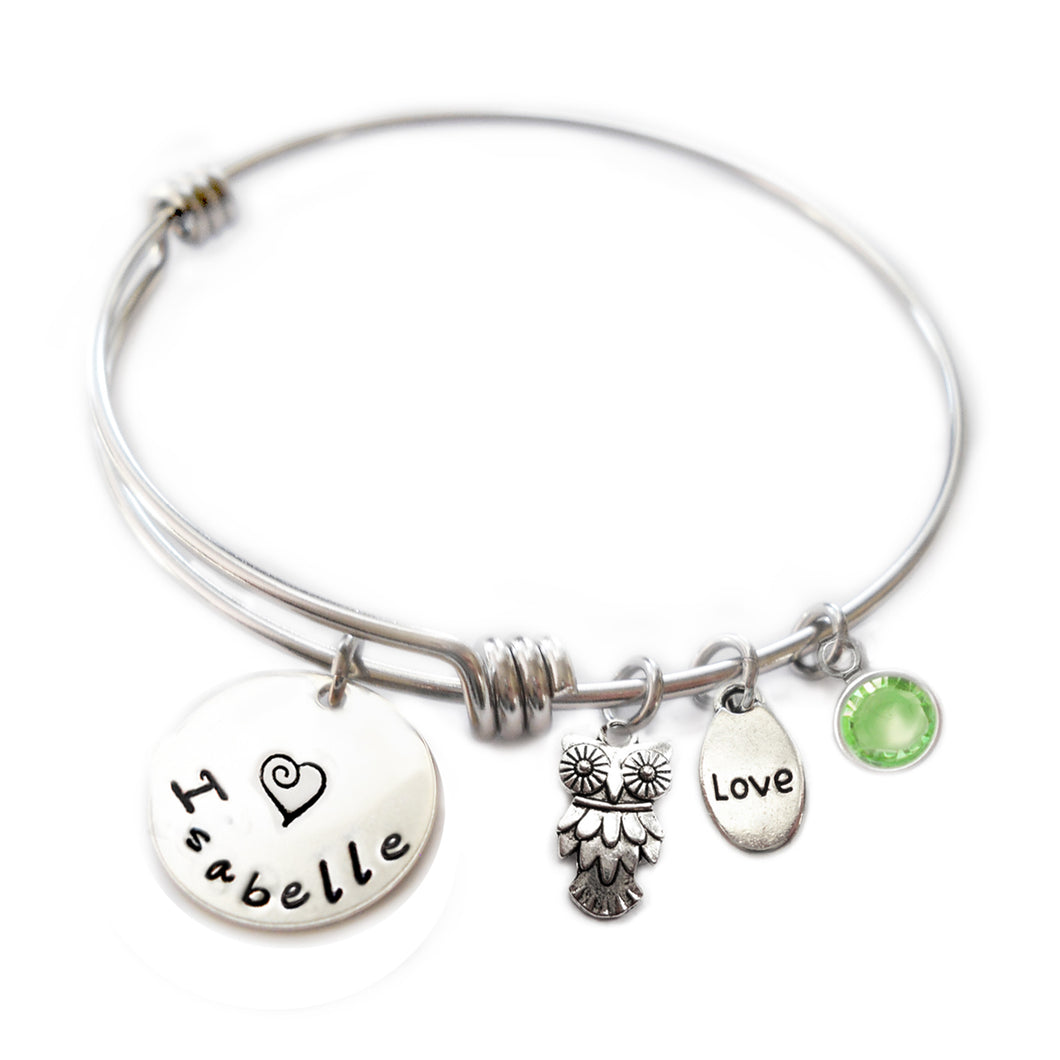 Personalized OWL Bangle Bracelet with Sterling Silver Name
