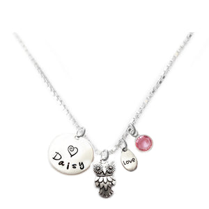 Personalized OWL Charm Necklace with Sterling Silver Name