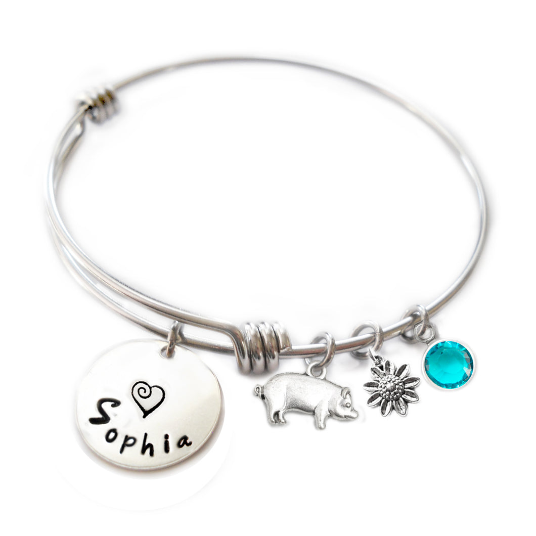 Personalized PIG Bangle Bracelet with Sterling Silver Name