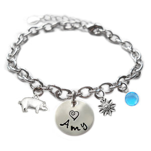 Personalized PIG Sterling Silver Name Charm Bracelet