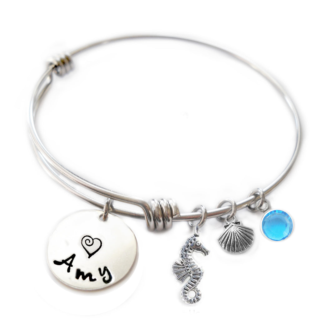 Personalized SEA HORSE Bangle Bracelet with Sterling Silver Name