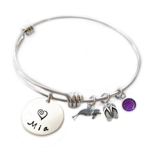 Personalized SEA LION Bangle Bracelet with Sterling Silver Name