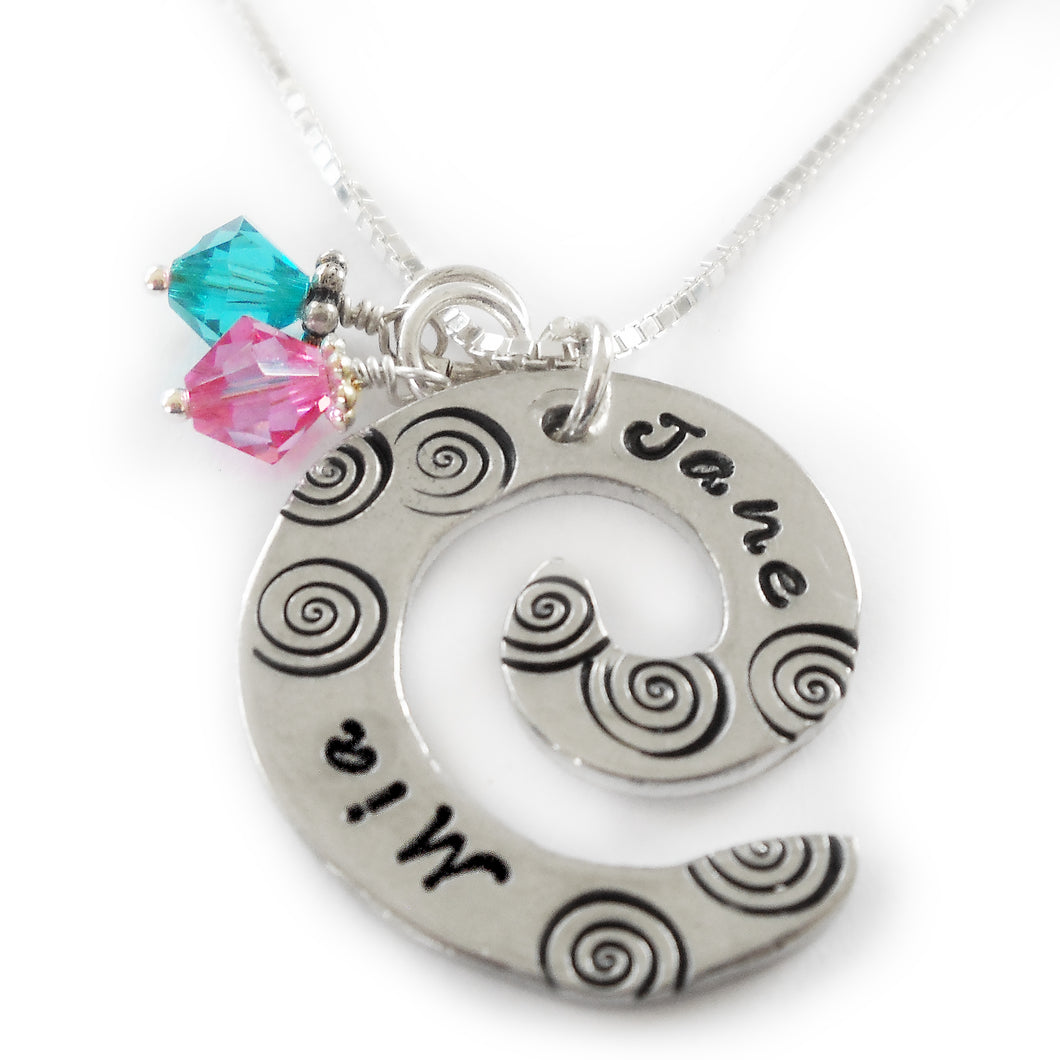 Class - Spiral Pewter Hand Stamped Name Necklace with Birthstones