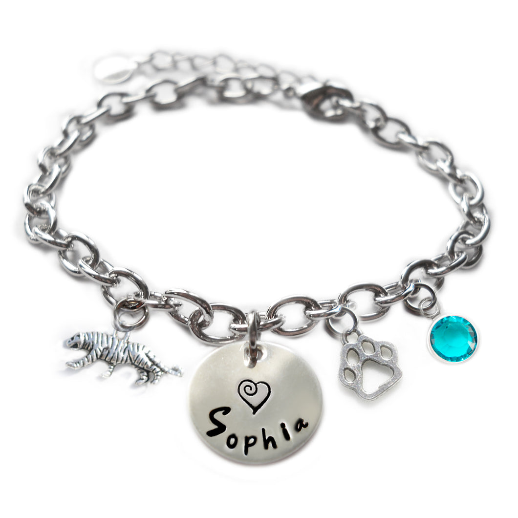 Personalized TIGER Sterling Silver Name Charm Bracelet
