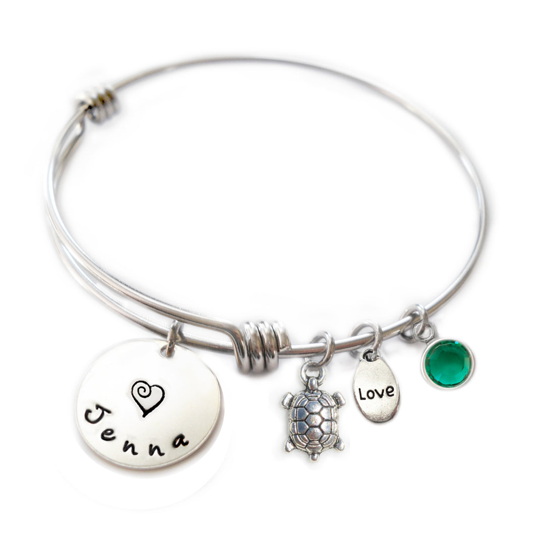 Personalized TURTLE Bangle Bracelet with Sterling Silver Name