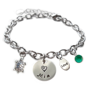 Personalized TURTLE Sterling Silver Name Charm Bracelet