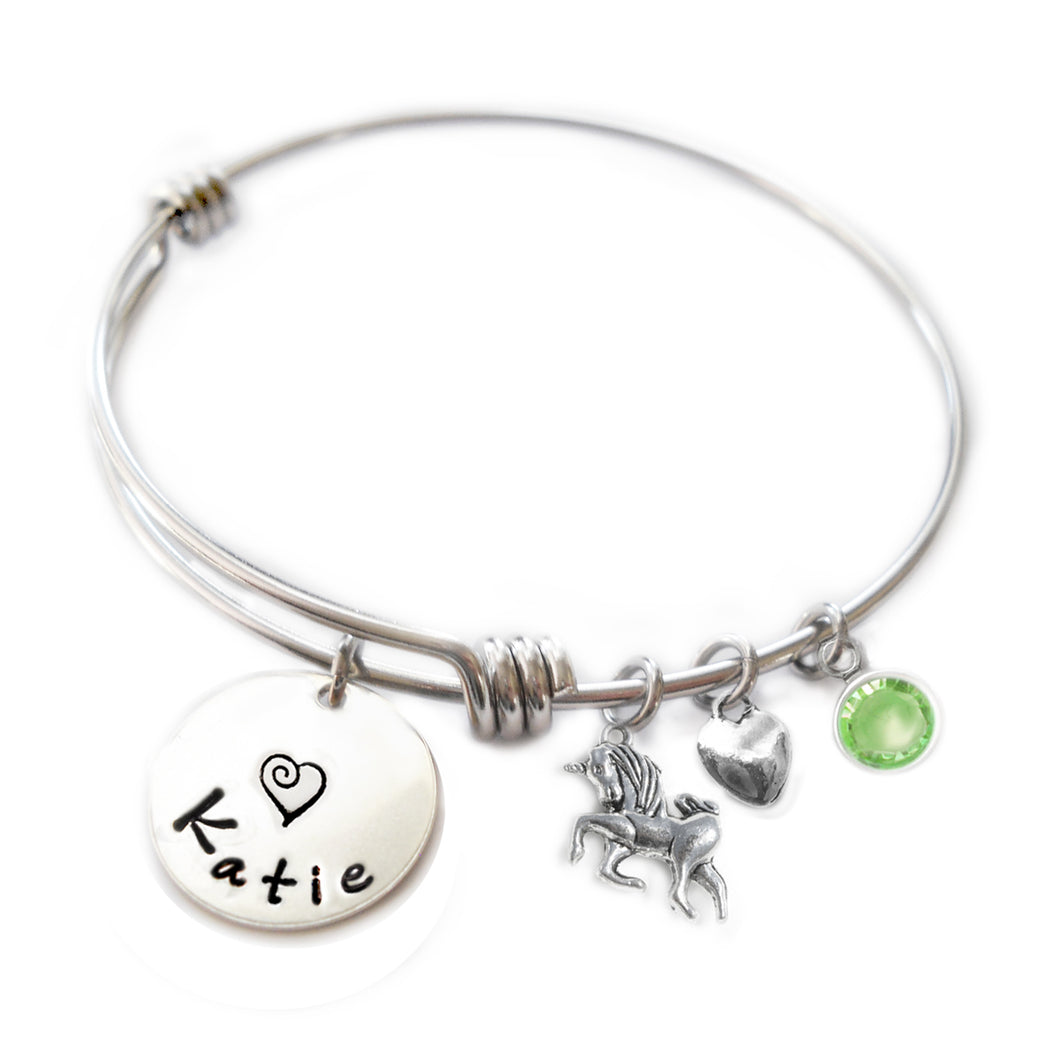 Personalized UNICORN Bangle Bracelet with Sterling Silver Name