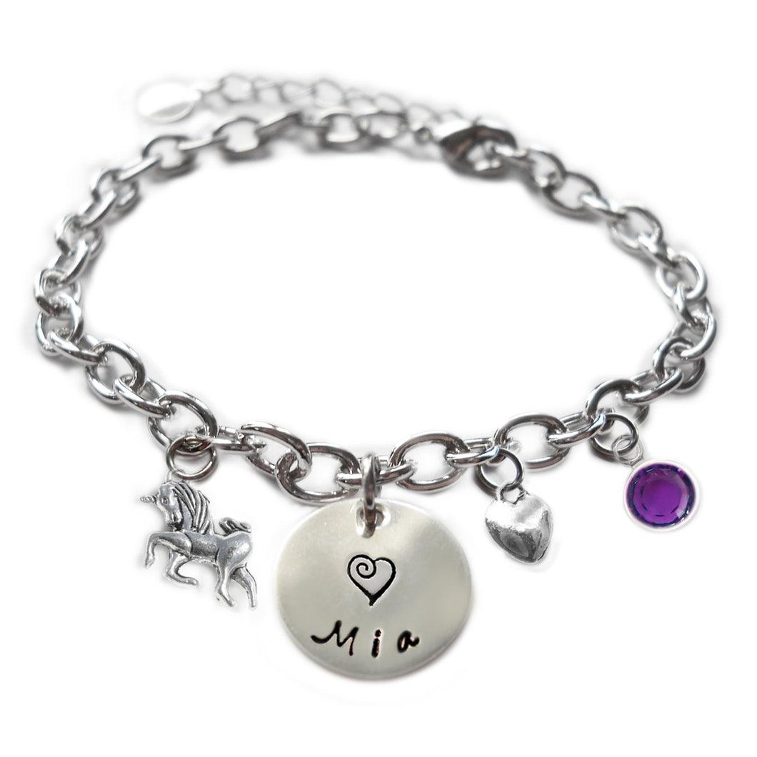Personalized UNICORN Sterling Silver Name Charm Bracelet