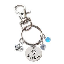 Load image into Gallery viewer, Personalized CUTIE CAT Swivel Key Clasp with Sterling Silver Name
