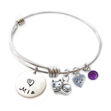 Load image into Gallery viewer, Personalized CUTIE CAT Bangle Bracelet with Sterling Silver Name
