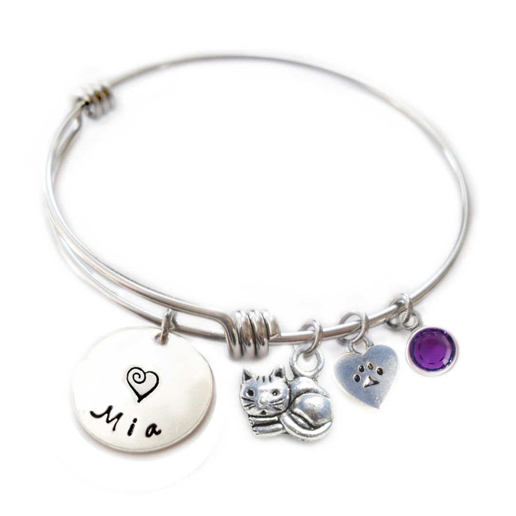 Personalized CUTIE CAT Bangle Bracelet with Sterling Silver Name